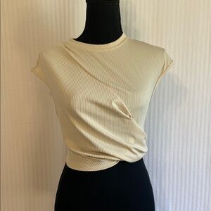 Top Crop Top Scandi Girl Cream Ribbed Wrapped Cap Sleeves Modern Neutral Size 6